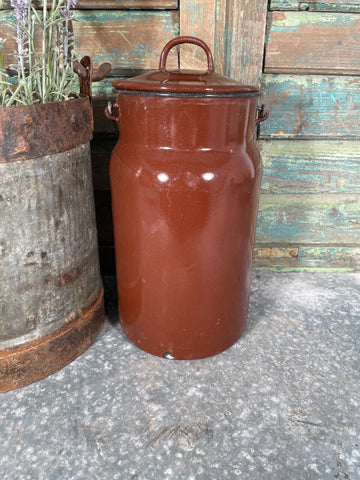 Vintage French Brown Enamel Metal Milk Water Churn Planter Vase Flower Display