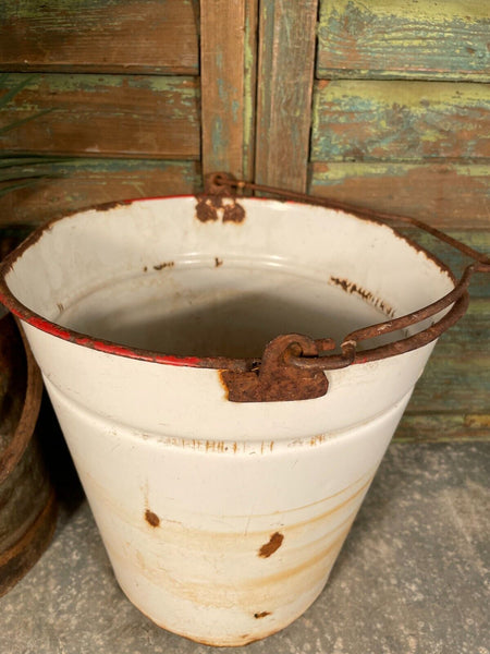 Vintage French White Rustic Hanging Enamel Milking Bucket Garden Planter Tub