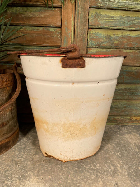 Vintage French White Rustic Hanging Enamel Milking Bucket Garden Planter Tub