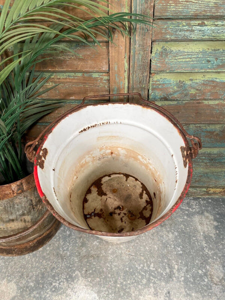 Vintage French White Rustic Hanging Enamel Milking Bucket Garden Planter Tub