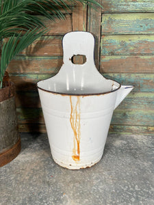 Vintage French Rustic White Hanging Enamel Milking Bucket Garden Planter