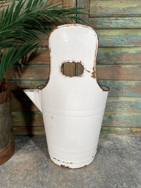 Vintage French Rustic White Hanging Enamel Milking Bucket Garden Planter