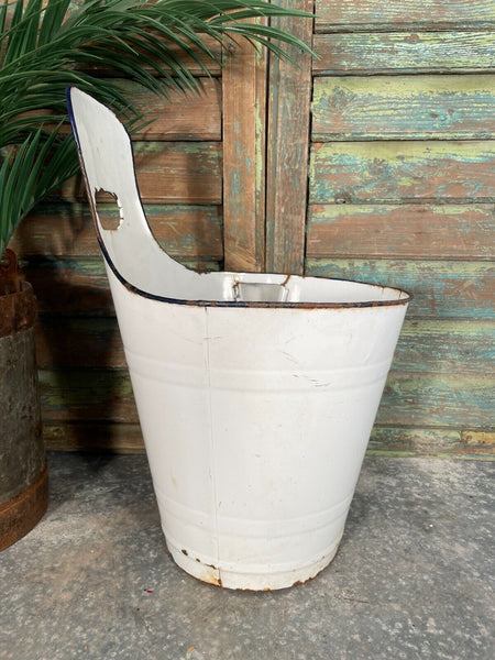Vintage French Rustic White Hanging Enamel Milking Bucket Garden Planter