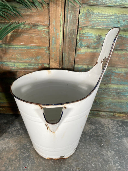 Vintage French Rustic White Hanging Enamel Milking Bucket Garden Planter