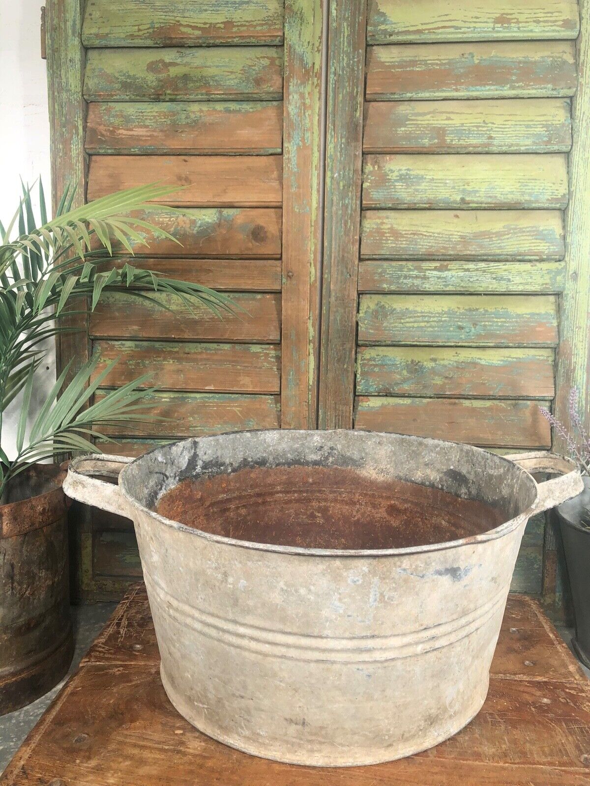 Vintage French European Galvanised Round Tub Bucket Pail Garden Planter