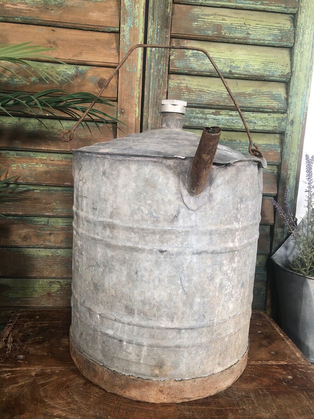 Vintage Rustic French European Galvanised Zinc Petrol Fuel Oil Lantern Tin Can