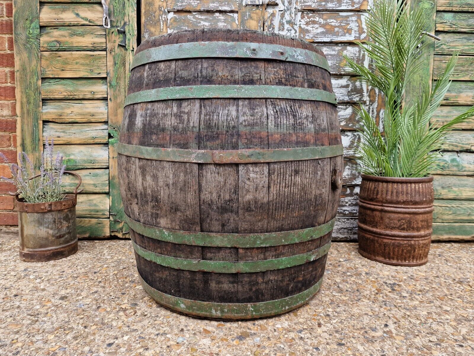 Antique Vintage French Oak Green Banded Wine Barrel Garden Planter