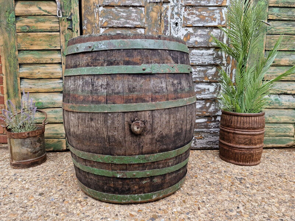 Antique Vintage French Oak Green Banded Wine Barrel Garden Planter