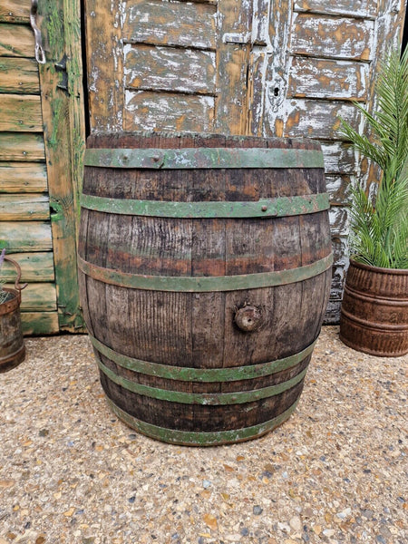 Antique Vintage French Oak Green Banded Wine Barrel Garden Planter