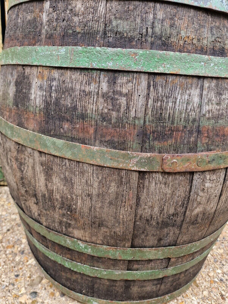 Antique Vintage French Oak Green Banded Wine Barrel Garden Planter