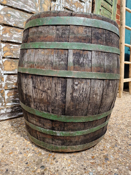Antique Vintage French Oak Green Banded Wine Barrel Garden Planter