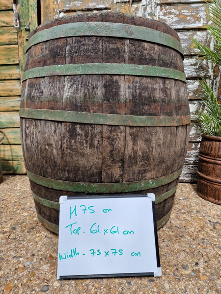 Antique Vintage French Oak Green Banded Wine Barrel Garden Planter
