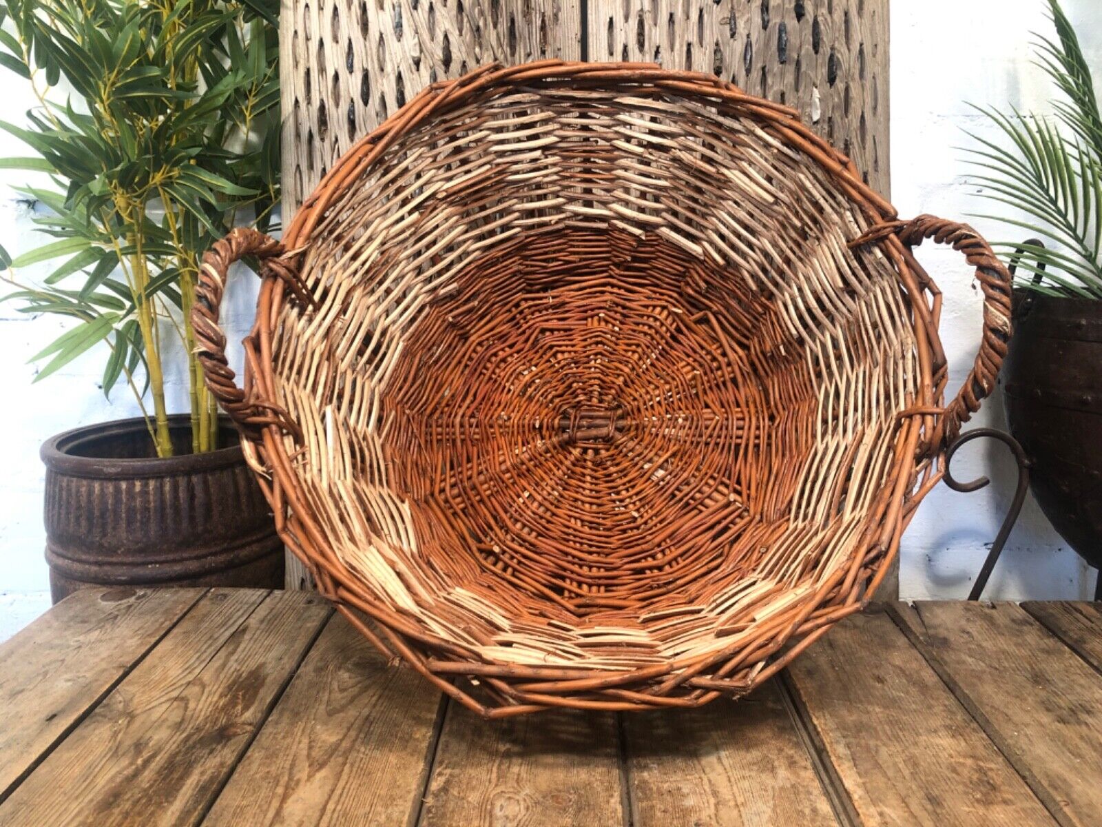Large Vintage Hand Made Willow Storage Fruit Picking Log Linen Basket