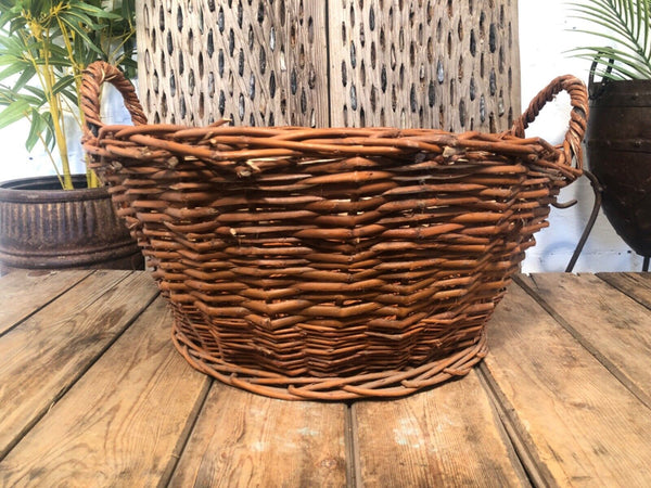 Large Vintage Hand Made Willow Storage Fruit Picking Log Linen Basket