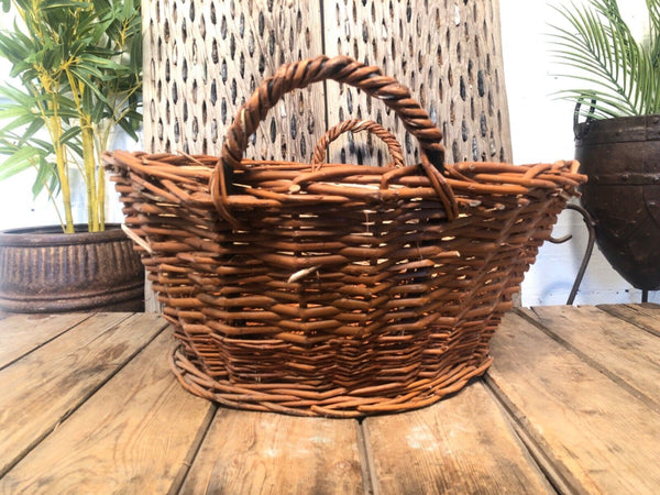 Large Vintage Hand Made Willow Storage Fruit Picking Log Linen Basket