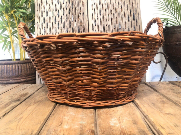 Large Vintage Hand Made Willow Storage Fruit Picking Log Linen Basket