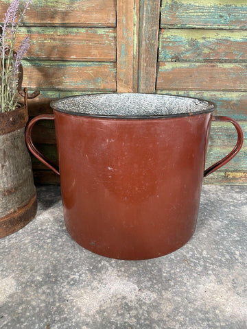 Vintage French Brown Enamel Cooking Pot Tub Garden Planter