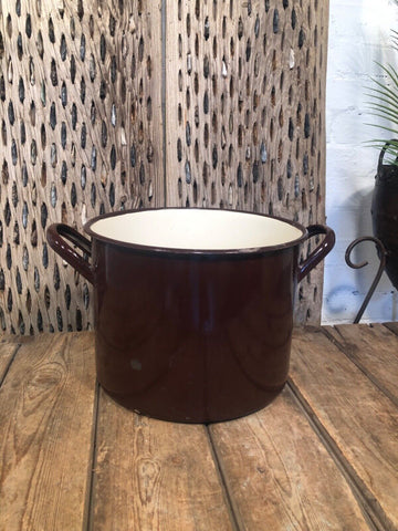 Vintage French Brown Enamel Cooking Pot Tub Garden Planter