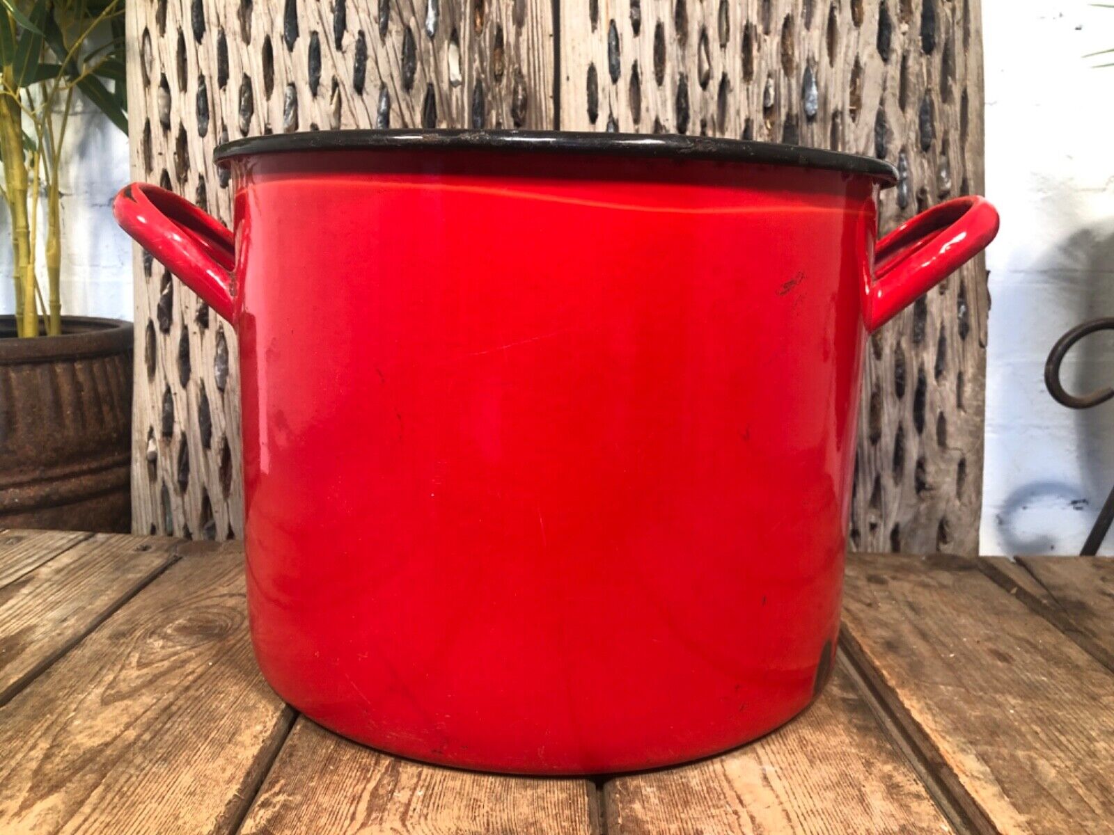 Vintage French Red Enamel Cooking Pot Tub Garden Planter