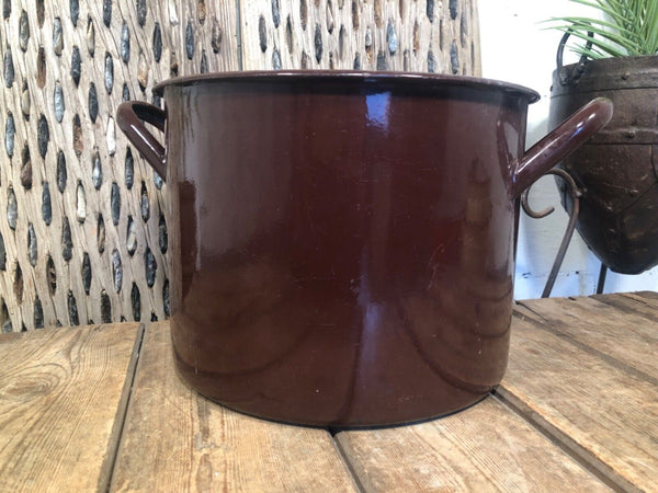Vintage French Brown Enamel Cooking Pot Tub Garden Planter