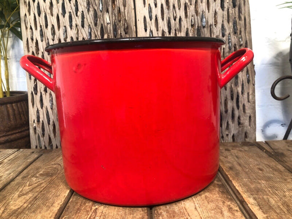 Vintage French Red Enamel Cooking Pot Tub Garden Planter