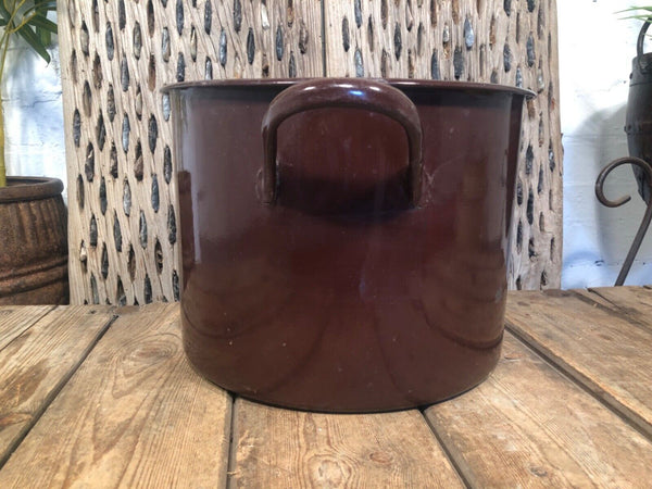 Vintage French Brown Enamel Cooking Pot Tub Garden Planter