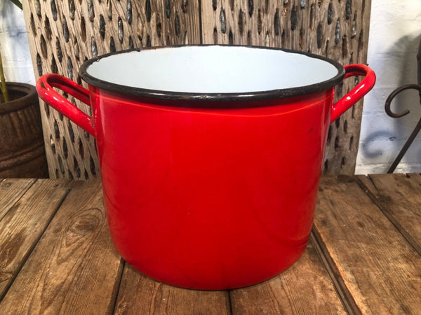 Vintage French Red Enamel Cooking Pot Tub Garden Planter