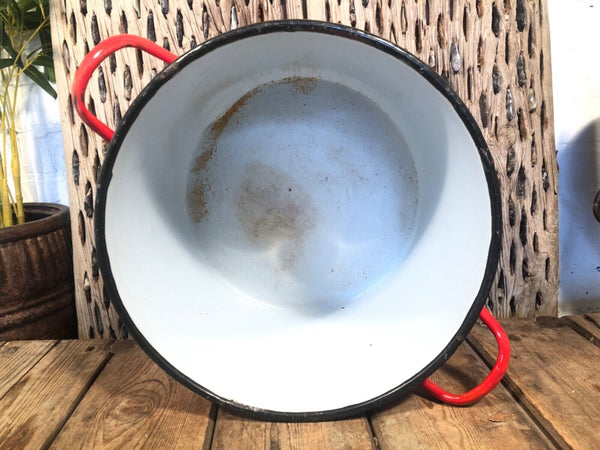 Vintage French Red Enamel Cooking Pot Tub Garden Planter
