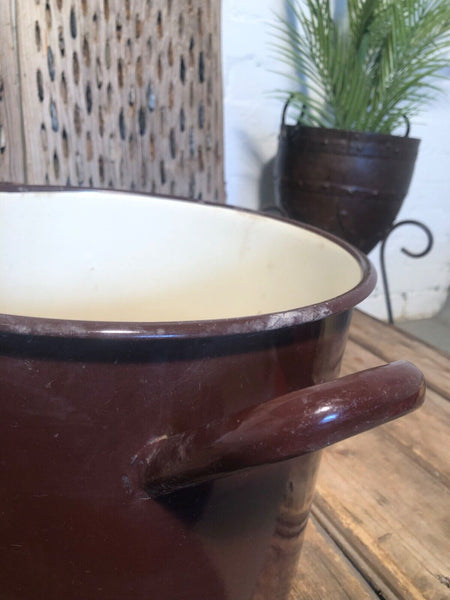 Vintage French Brown Enamel Cooking Pot Tub Garden Planter