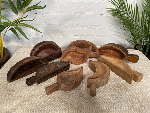 Vintage Indian Hand Carved Wooden Grain Flour Rice Scoop
