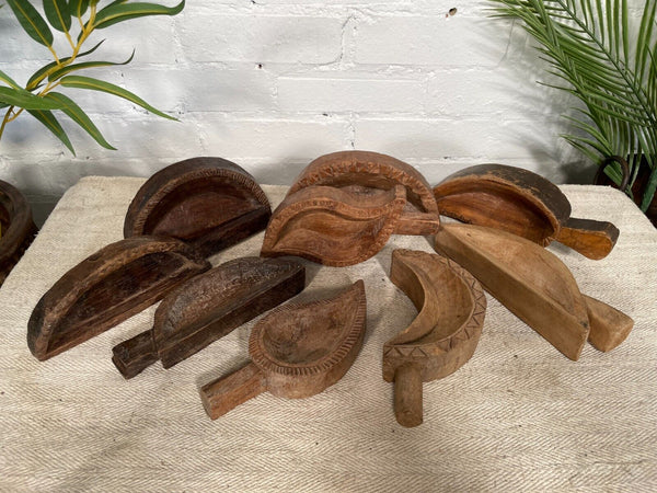 Vintage Indian Hand Carved Wooden Grain Flour Rice Scoop