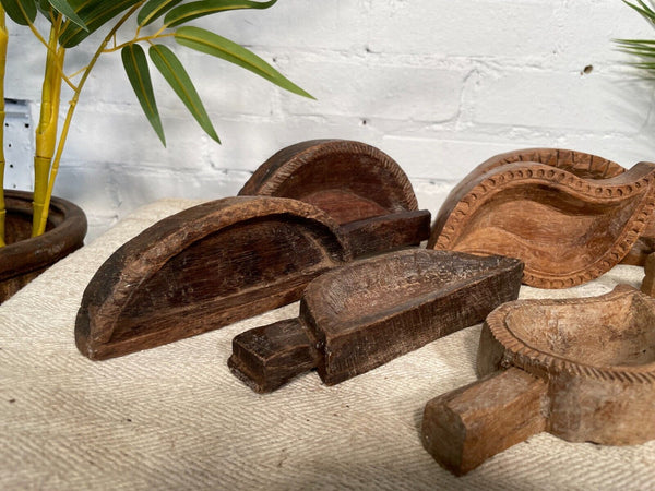 Vintage Indian Hand Carved Wooden Grain Flour Rice Scoop