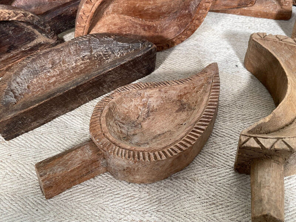Vintage Indian Hand Carved Wooden Grain Flour Rice Scoop