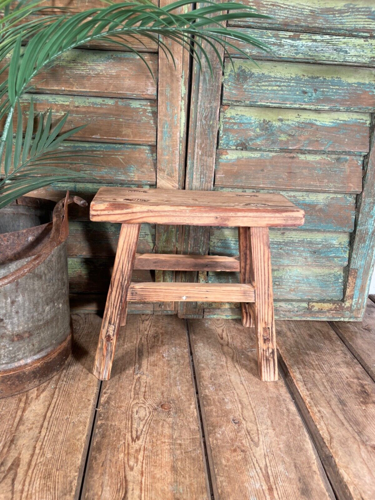 Antique Vintage Rustic Elm Mini Stool Side Table Plant stand
