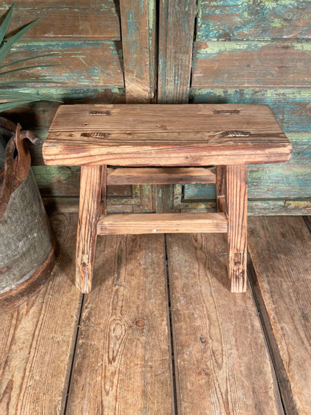 Antique Vintage Rustic Elm Mini Stool Side Table Plant stand