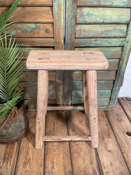 Antique Vintage Rustic Elm Market Stool Side Table Plant Stand