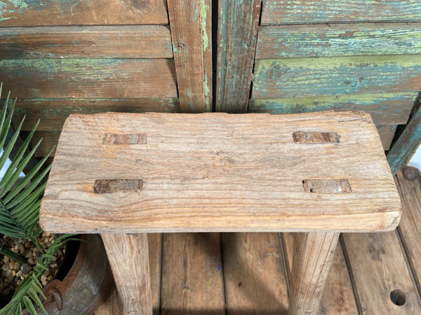 Antique Vintage Rustic Elm Market Stool Side Table Plant Stand