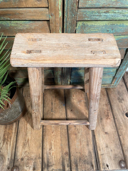 Antique Vintage Rustic Elm Market Stool Side Table Plant Stand