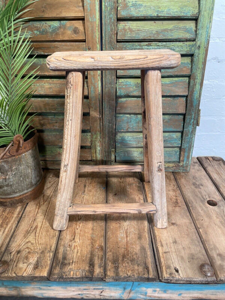Antique Vintage Rustic Elm Market Stool Side Table Plant Stand