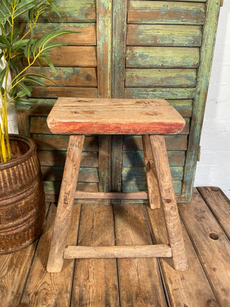 Antique Vintage Rustic Elm Market Stool Side Table Plant Stand