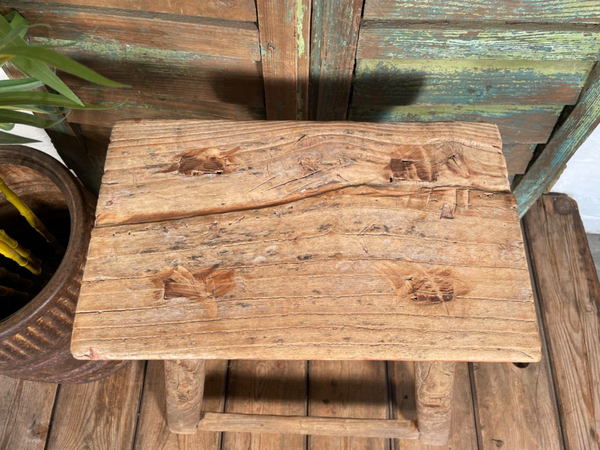 Antique Vintage Rustic Elm Market Stool Side Table Plant Stand