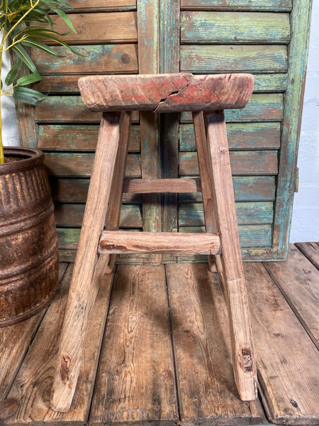 Antique Vintage Rustic Elm Market Stool Side Table Plant Stand