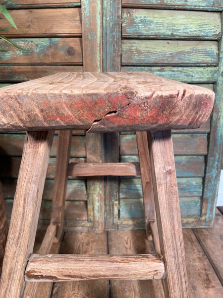 Antique Vintage Rustic Elm Market Stool Side Table Plant Stand