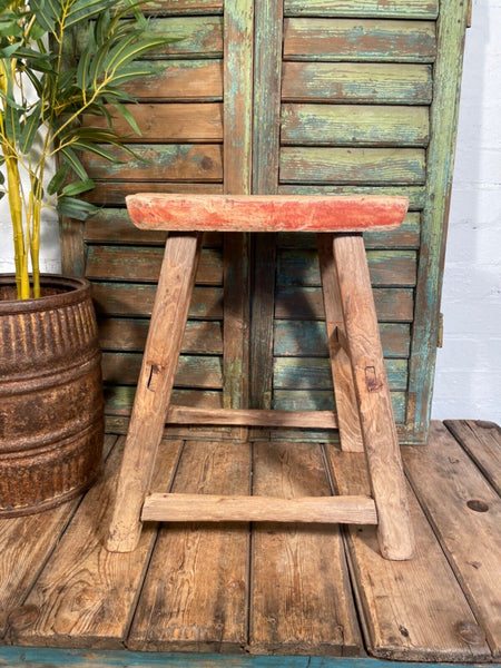 Antique Vintage Rustic Elm Market Stool Side Table Plant Stand