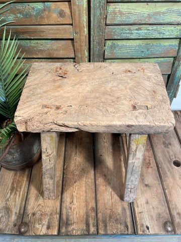 Antique Vintage Rustic Elm Market Stool Side Table Plant Stand