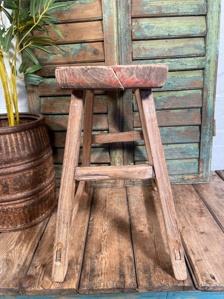Antique Vintage Rustic Elm Market Stool Side Table Plant Stand