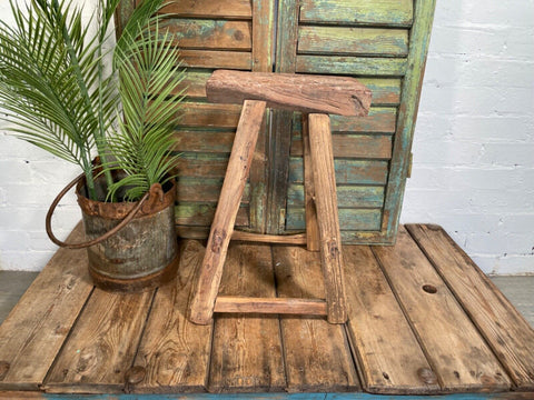 Antique Vintage Rustic Elm Market Stool Side Table Plant Stand