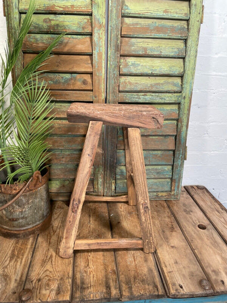 Antique Vintage Rustic Elm Market Stool Side Table Plant Stand
