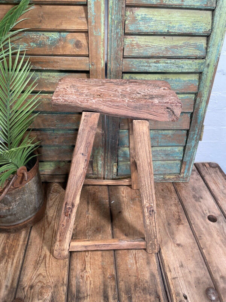 Antique Vintage Rustic Elm Market Stool Side Table Plant Stand