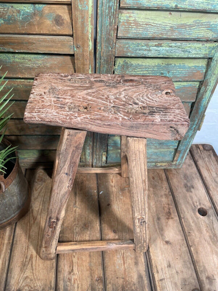 Antique Vintage Rustic Elm Market Stool Side Table Plant Stand